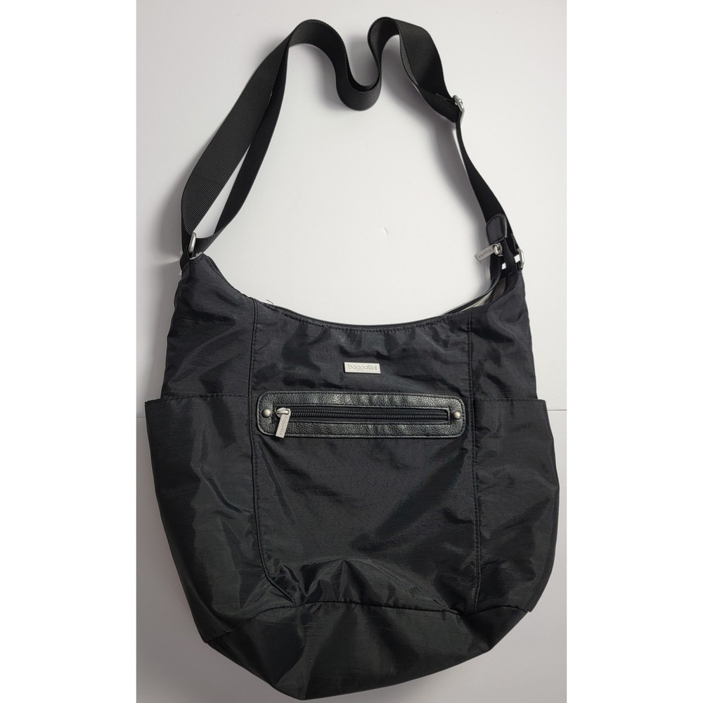 Baggallini Black Nylon Crossbody Hobo Bag Adj Strap Multi Pocket Travel Boho
